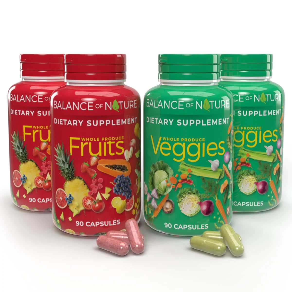 Balance of Nature Fruits & Veggies Supplements - Whole Fruit and Vegetable Ingredients for Women, Men, and Kids - 90 Fruits Capsules, 90 Veggies Capsules - 1 Set